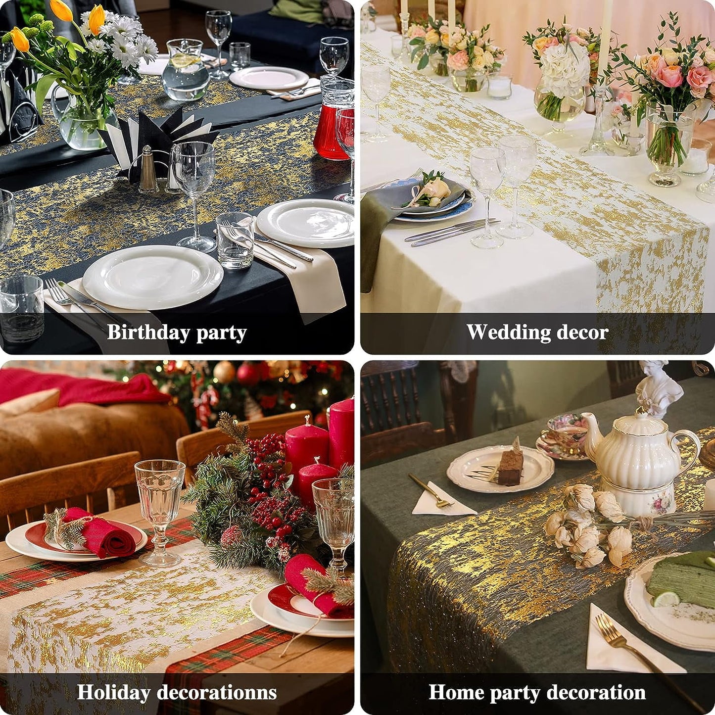 TETOU 2pcs Gold Table Runner 11*108" Sequin Glitter Foil Metallic Thin Mesh Tablecloth for Banquet Christmas Table Decor