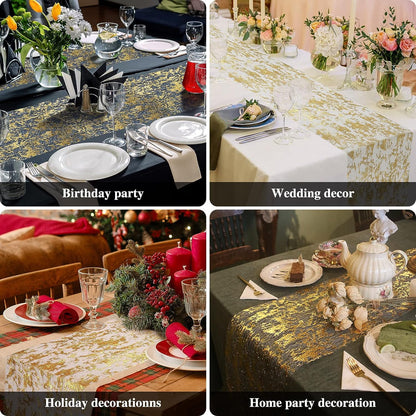 TETOU 2pcs Gold Table Runner 11*108" Sequin Glitter Foil Metallic Thin Mesh Tablecloth for Banquet Christmas Table Decor