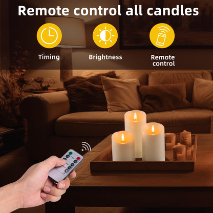 TETOU 3pcs LED Flameless Candles Outdoor Battery Fake Plastic Pillar Candles with Remote Control Ivory White