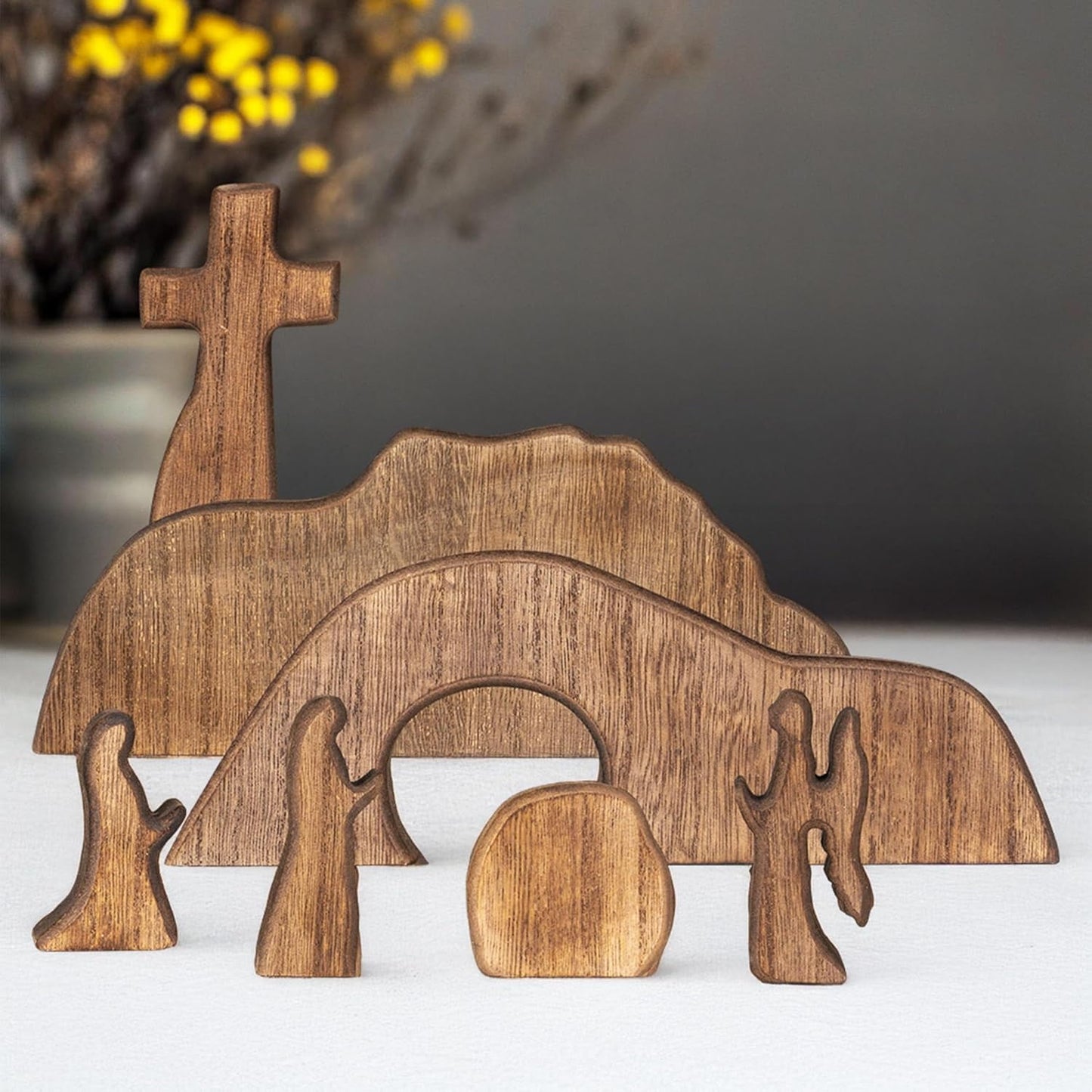 TETOU 7pcs Easter Scene and Cross Decoration, Wooden Easter Resurrection Scene Cross Jesus Tomb Tray Set,Jesus Nativity Scene Decor for Easter Religious Home Office Tabletop Christian Gifts