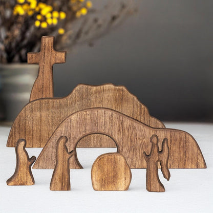 TETOU 7pcs Easter Scene and Cross Decoration, Wooden Easter Resurrection Scene Cross Jesus Tomb Tray Set,Jesus Nativity Scene Decor for Easter Religious Home Office Tabletop Christian Gifts