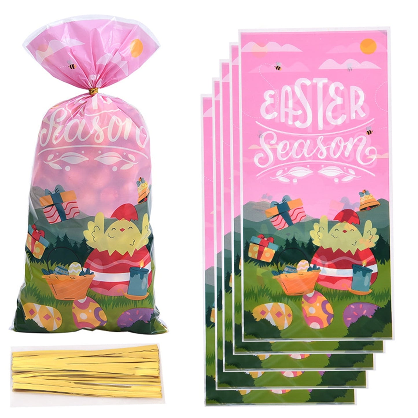 TETOU 50pcs Easter Candy Treat Bags Bunny Chick Rabbit Cellophane Cookie Gift Bags Easter Party Favor Supplies