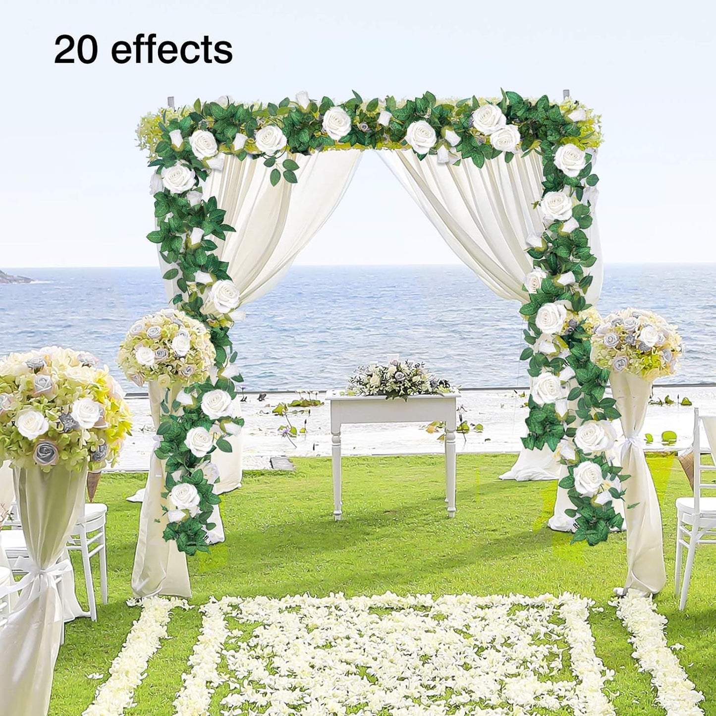 TETOU 4pcs Flower Garland, Faux Artificial Floral Garland Fake Rose Hanging Vine for Wedding Arch Garden Ceremony Background Outdoor Wall Decoration - White