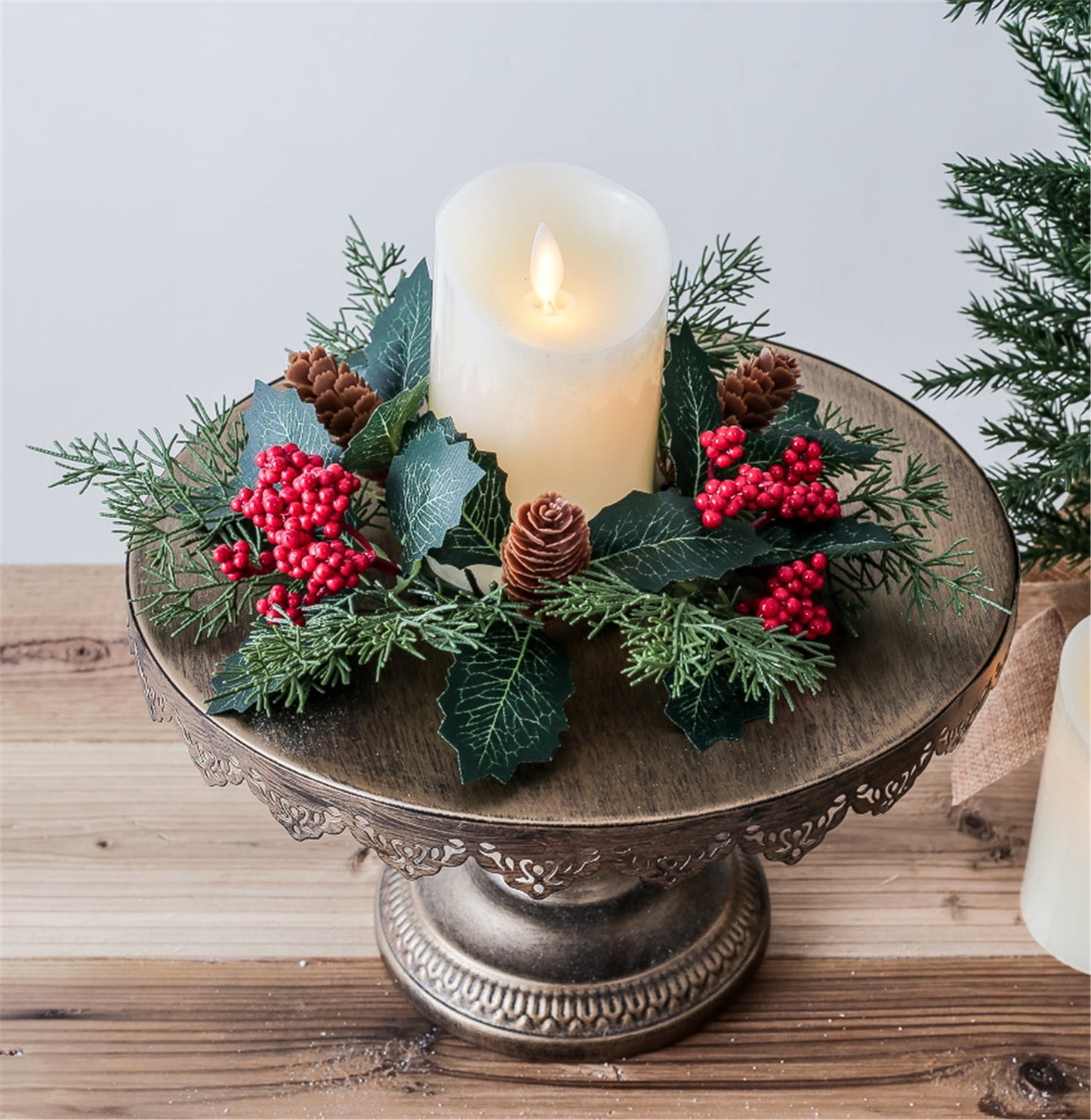 Tetou 2Pcs Christmas Candle Rings Wreath for Pillar Candle Holder, Artificial Christmas Wreath with Pinecones Red Berries for Fall Thanksgiving Home Table Centerpieces, Cabinet Decorations - Red