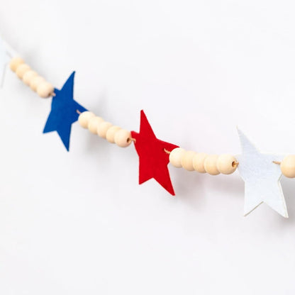 TETOU American Patriotic Wooden Bead String with Star-Shaped Charms, Red White Blue Beaded Garland for Independence Day 4th of July Home Fireplace Wall Decor - 127cm/50inch