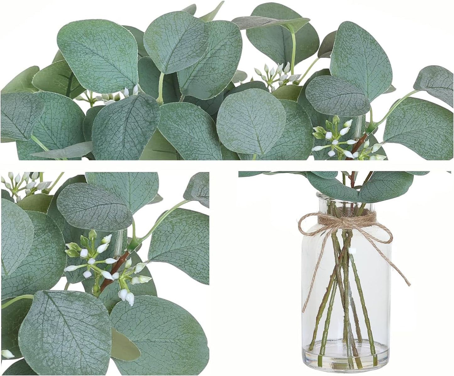 TETOU Artificial Eucalyptus Stems in Glass Vase with Faux Water, 13" Fake Plant Eucalyptus Leaves for Home Office Farmhouse Wedding Centerpiece Decor