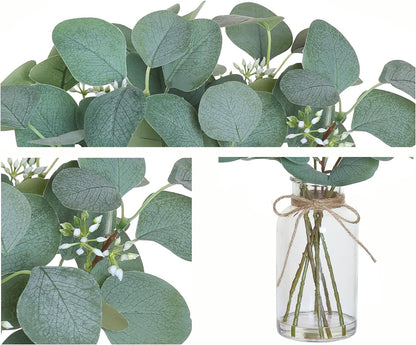 TETOU Artificial Eucalyptus Stems in Glass Vase with Faux Water, 13" Fake Plant Eucalyptus Leaves for Home Office Farmhouse Wedding Centerpiece Decor