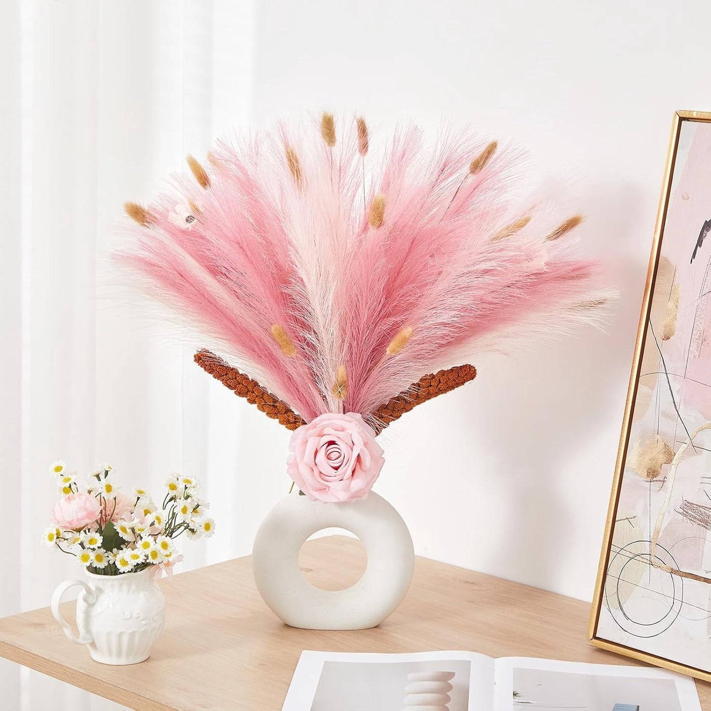 TETOU 50pcs Pampas Grass,17in Artificial Fluffy Vase Filler Flower Arrangement for Home Room Birthday Bathroom Party Wedding Boho Decoration(Blush & Cream & Pink)