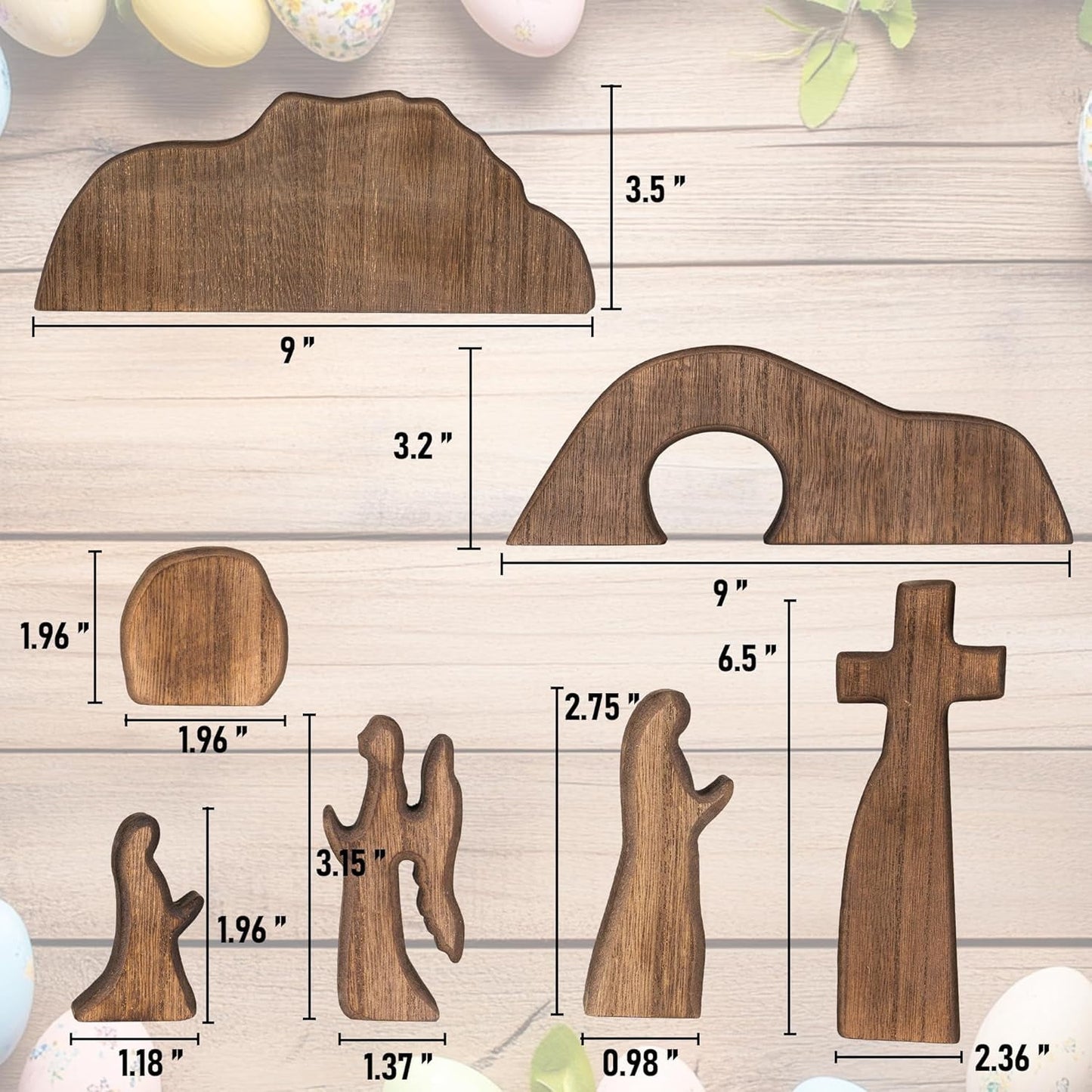 TETOU 7pcs Easter Scene and Cross Decoration, Wooden Easter Resurrection Scene Cross Jesus Tomb Tray Set,Jesus Nativity Scene Decor for Easter Religious Home Office Tabletop Christian Gifts
