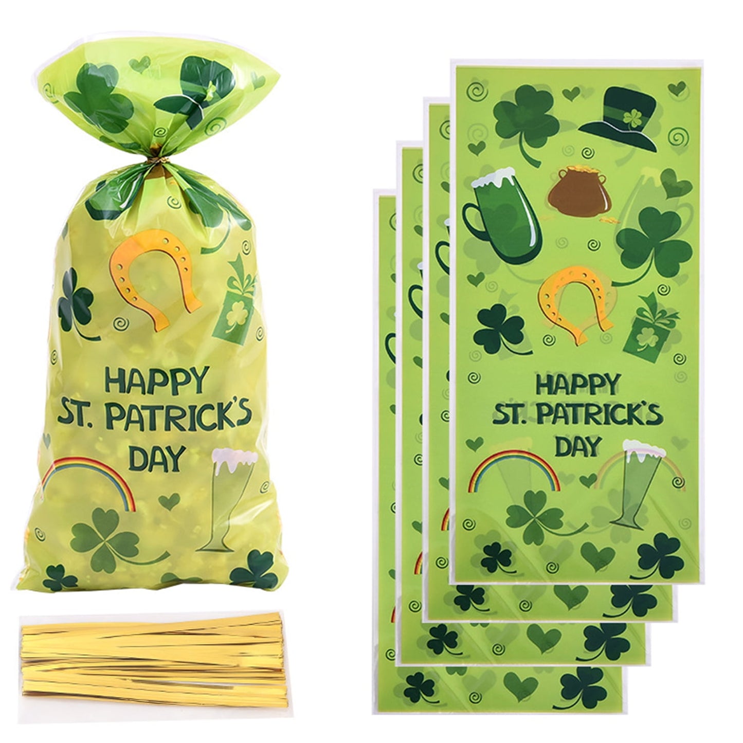 TETOU 50pcs St. Patrick Candy Treat Bags Cellophane Gift Snack Bag with Ties Party Favor Supplies