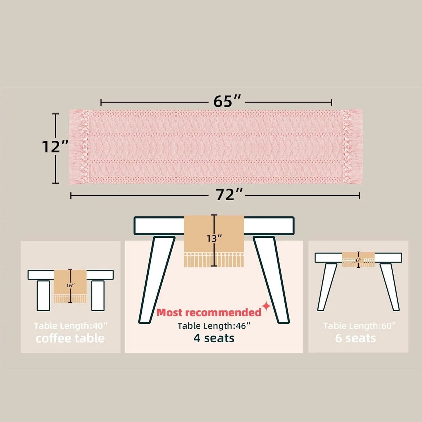 TETOU Boho Table Runner 12x72 Inch with Tassels Farmhouse Bohemian Table Runner Dining Rustic Home Decor - Pink