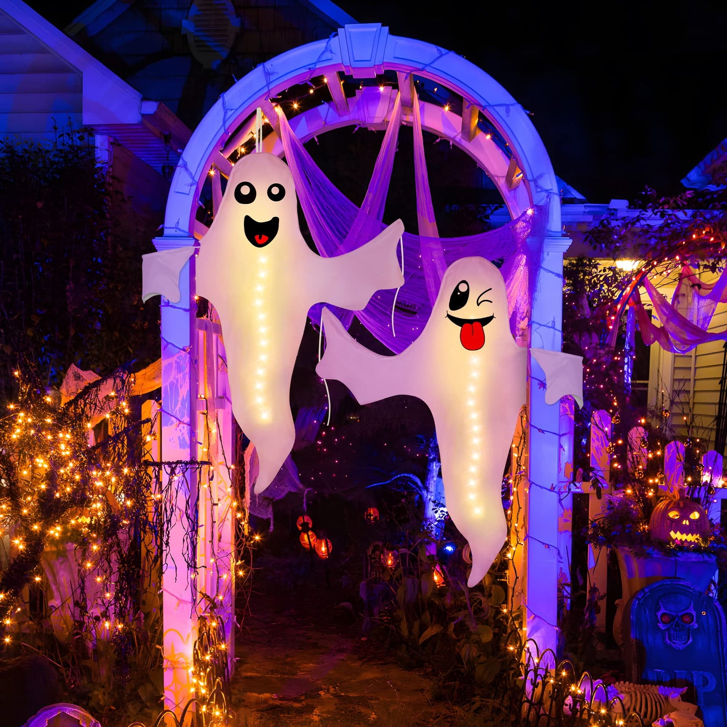TETOU 2pcs Hanging Ghost Lighted Hallowmas Tree Hugger Friendly Spooky Lighted Ghost for Outdoor Yard Party Halloween Decor