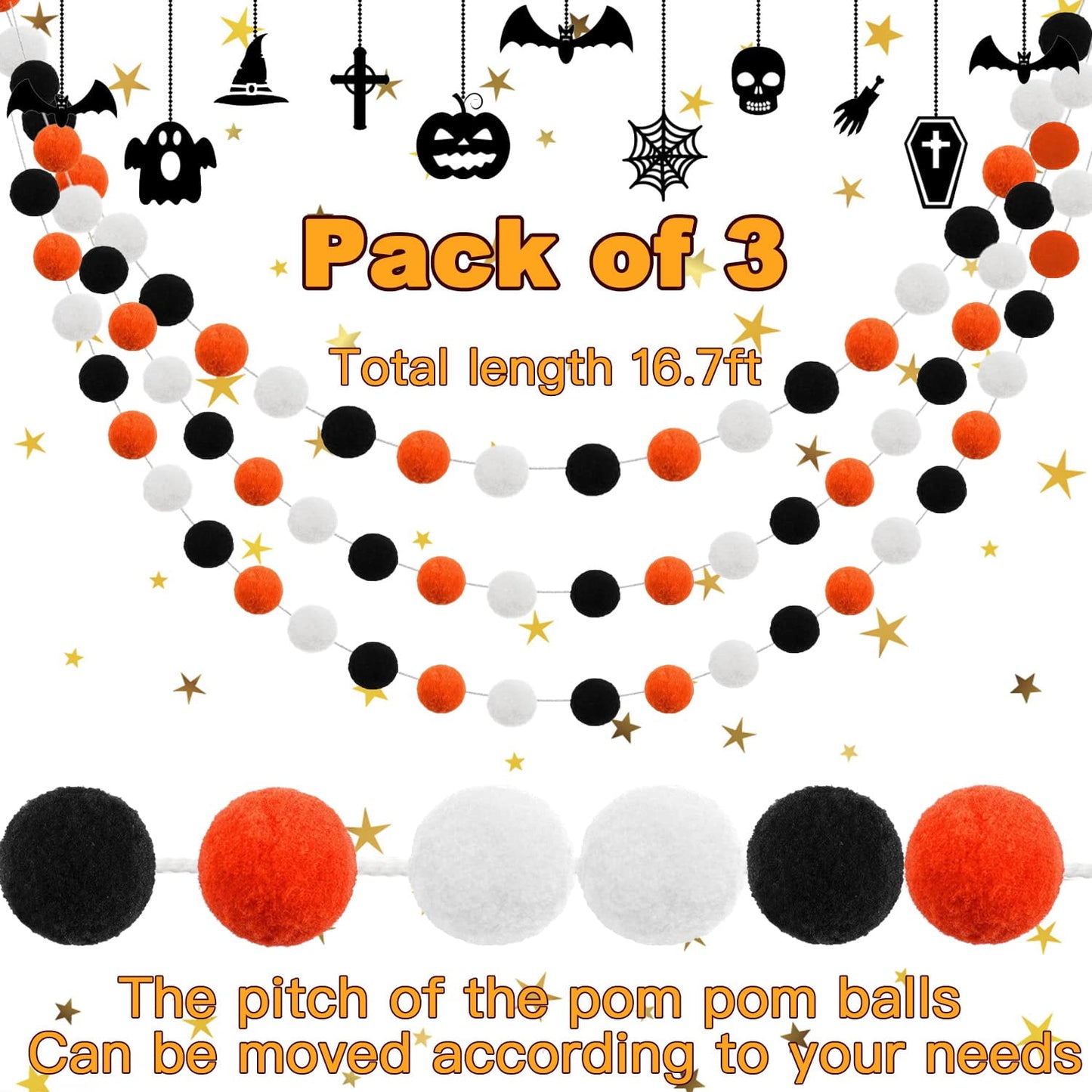 TETOU 3 Pack Pom Pom Orange Black White Halloween Garland,Ornament String Banner Felt Ball Garland Halloween Thanksgiving Party Decor