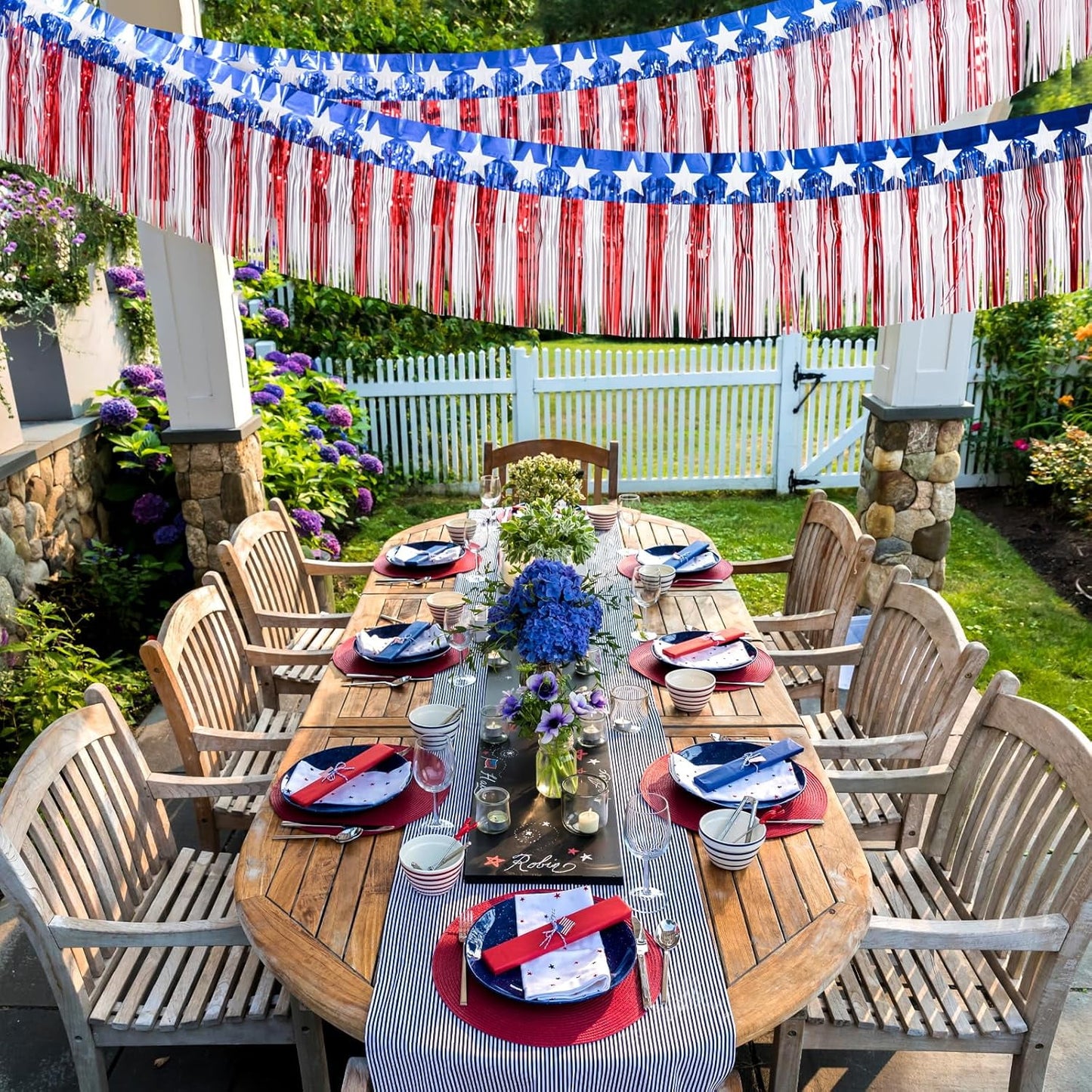 TETOU 2Packs 39 Feet Foil Fringe Garland Tinsel Streamers 4th of July Decorations,Red White and Blue Star Hanging Backdrop Banner Table Skirts for Parade Floats Memorial Day Patriotic Party Decor