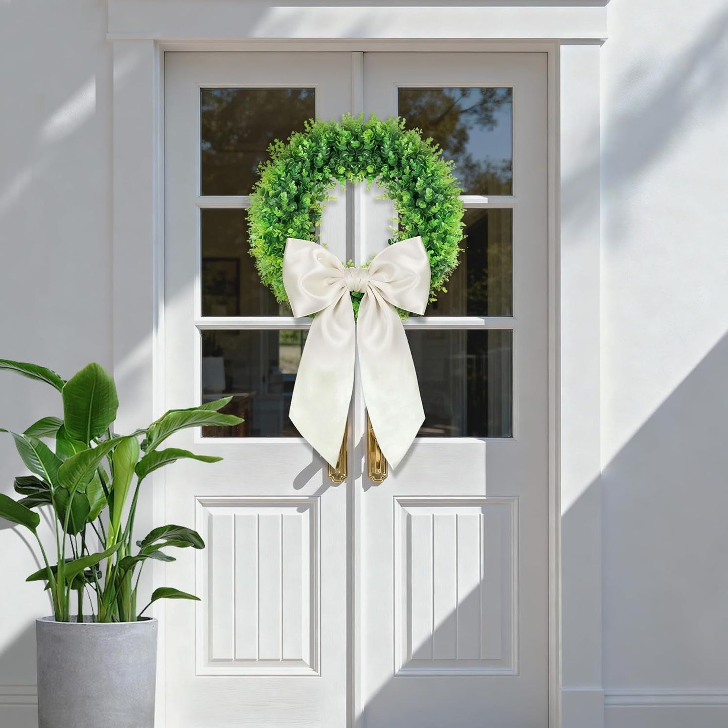TETOU 20'' Boxwood Wreaths for Front Door,Artificial Spring Summer Wreath for Farmhouse Outside Year Round Hanging Wall St Patricks Day Decororation(Bow&Sash)
