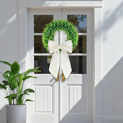 TETOU 20'' Boxwood Wreaths for Front Door,Artificial Spring Summer Wreath for Farmhouse Outside Year Round Hanging Wall St Patricks Day Decororation(Bow&Sash)