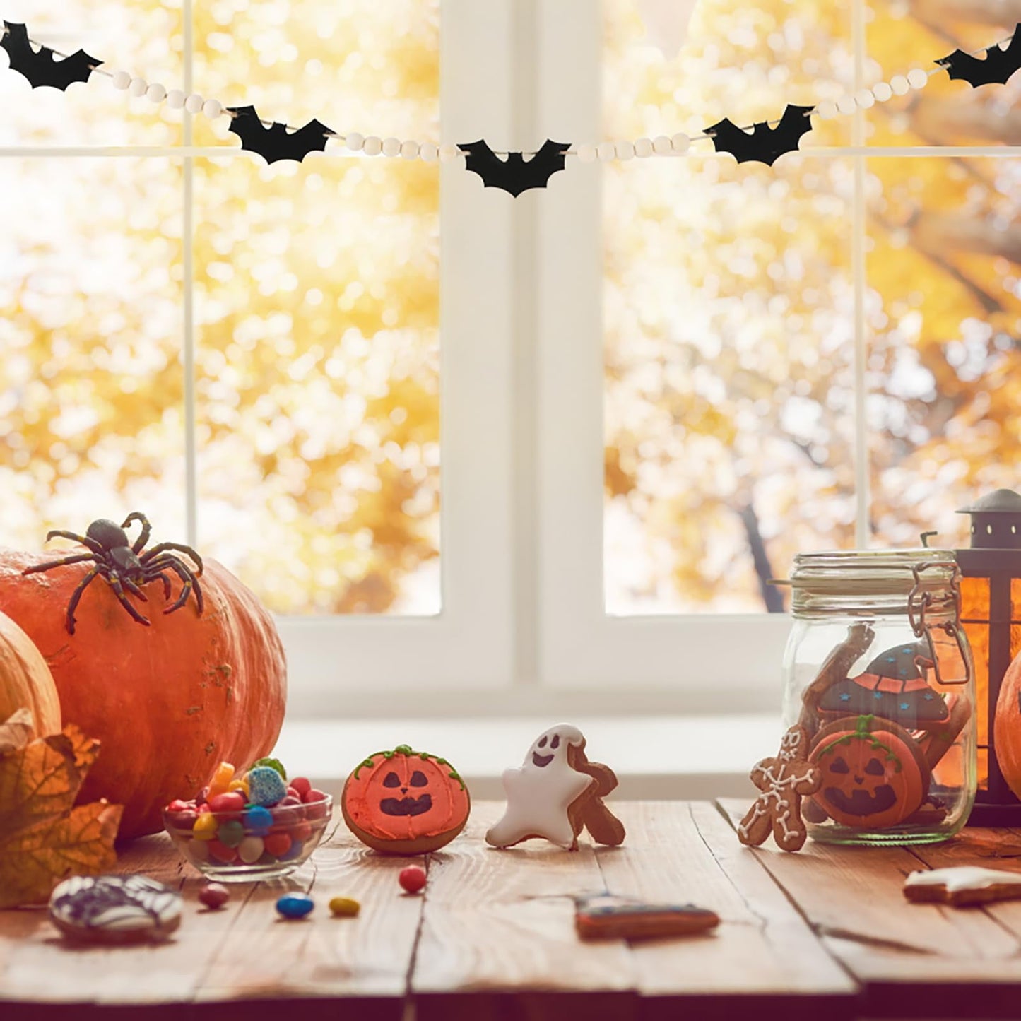 TETOU 4.9Ft Wood Halloween Felt Bats Bead Garland Banner for Farmhouse Halloween Fireplace Mantle Walls Decoration