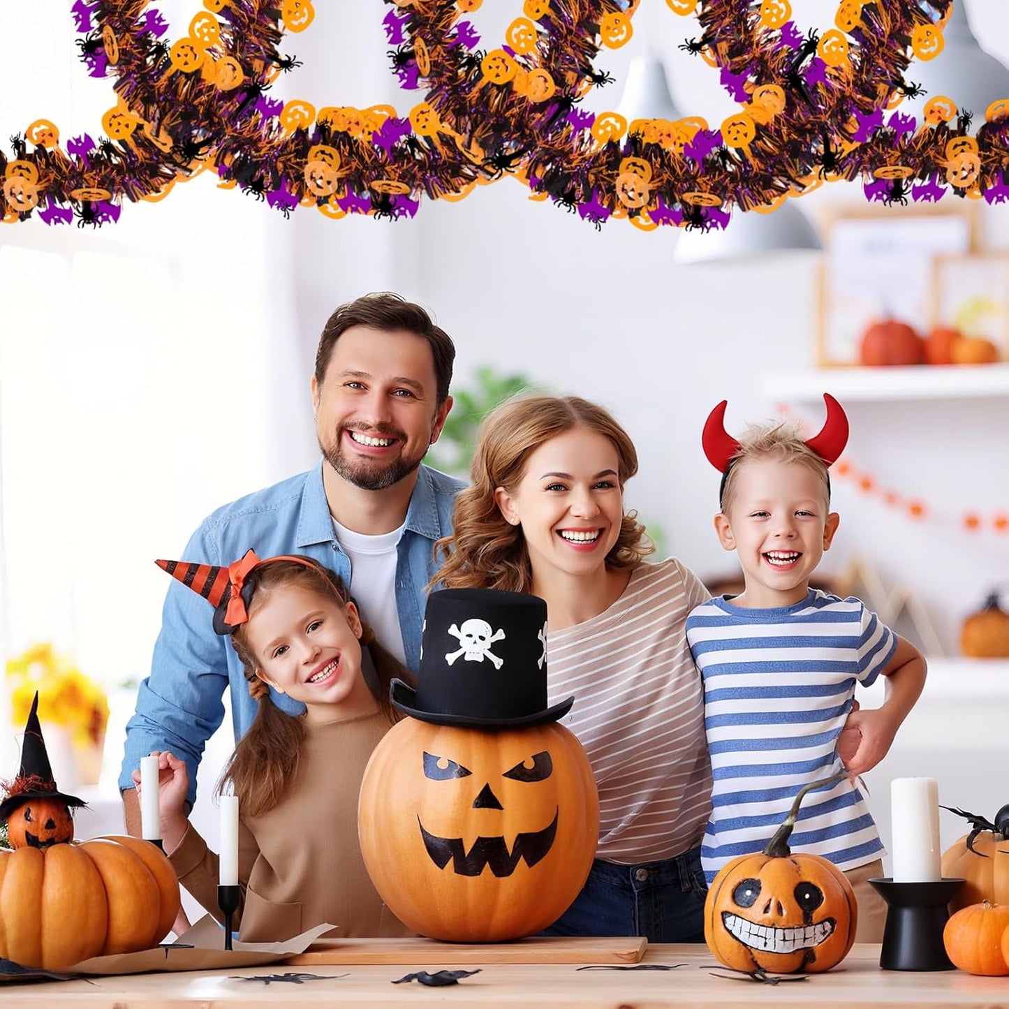 TETOU Halloween Garland Decor,50Ft Orange Black Purple Glitter Tinsel Fall Garland for Tree Home Fireplace Halloween Party Indoor Outdoor Decoration