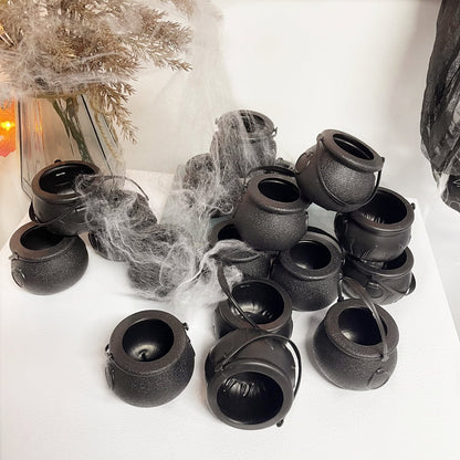 TETOU 10Pcs Mini Candy Cauldron Kettles, Plastic Halloween Candy Bucket Witch's Cauldron Trick or Treat for St. Patrick's Day Halloween Decoration and Kid Birthday Party Favors - Flame, Black