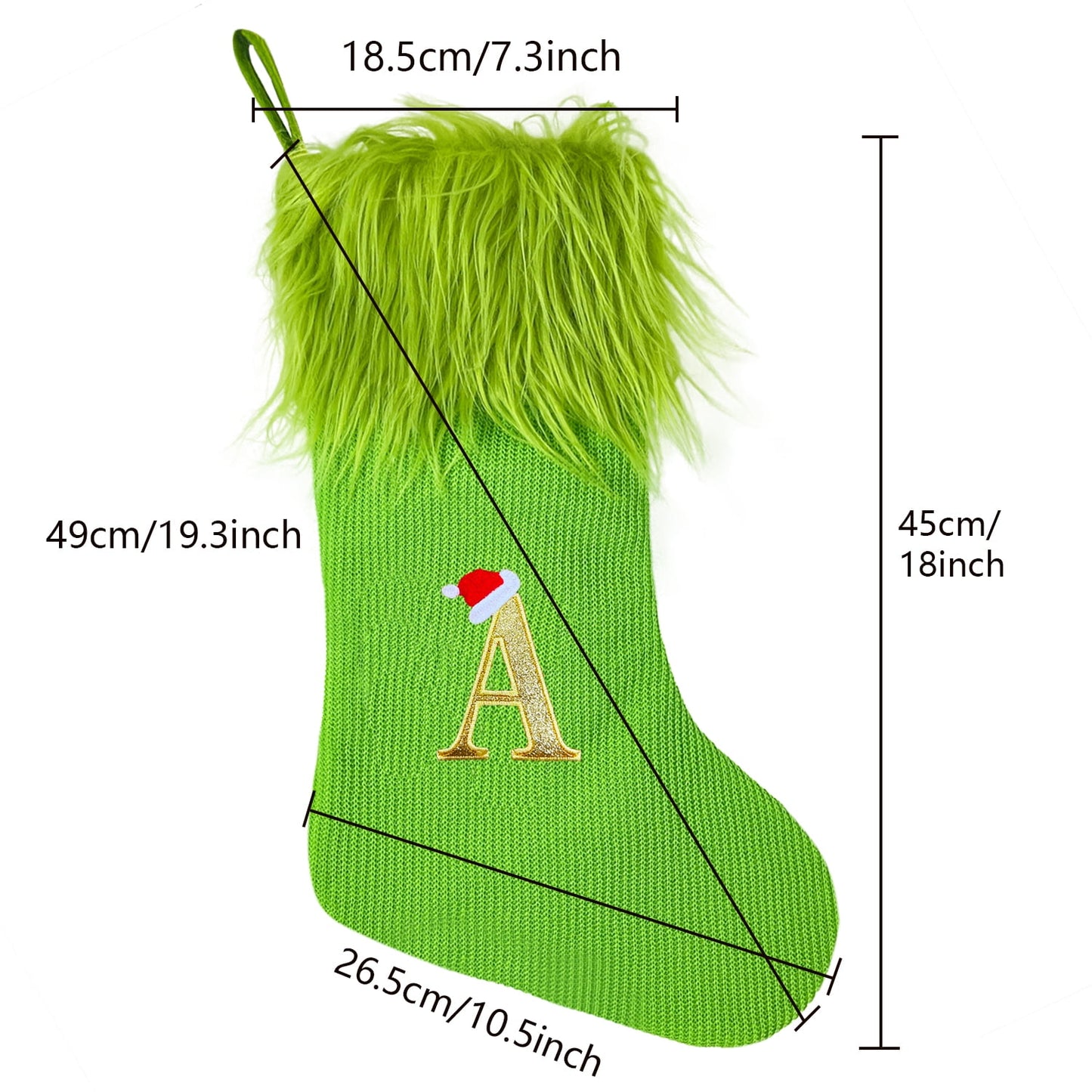 TETOU 18" Personalized Monogram Christmas Stockings, Green Elf Hanging Cozy Faux Fur Soft Christmas Stocking Treat Bag Candy Pouch Holder for Fireplace Gift Present Xmas Tree Decoration - M