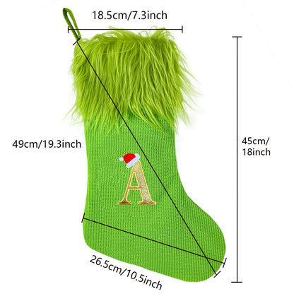 TETOU 18" Personalized Monogram Christmas Stockings, Green Elf Hanging Cozy Faux Fur Soft Christmas Stocking Treat Bag Candy Pouch Holder for Fireplace Gift Present Xmas Tree Decoration - M