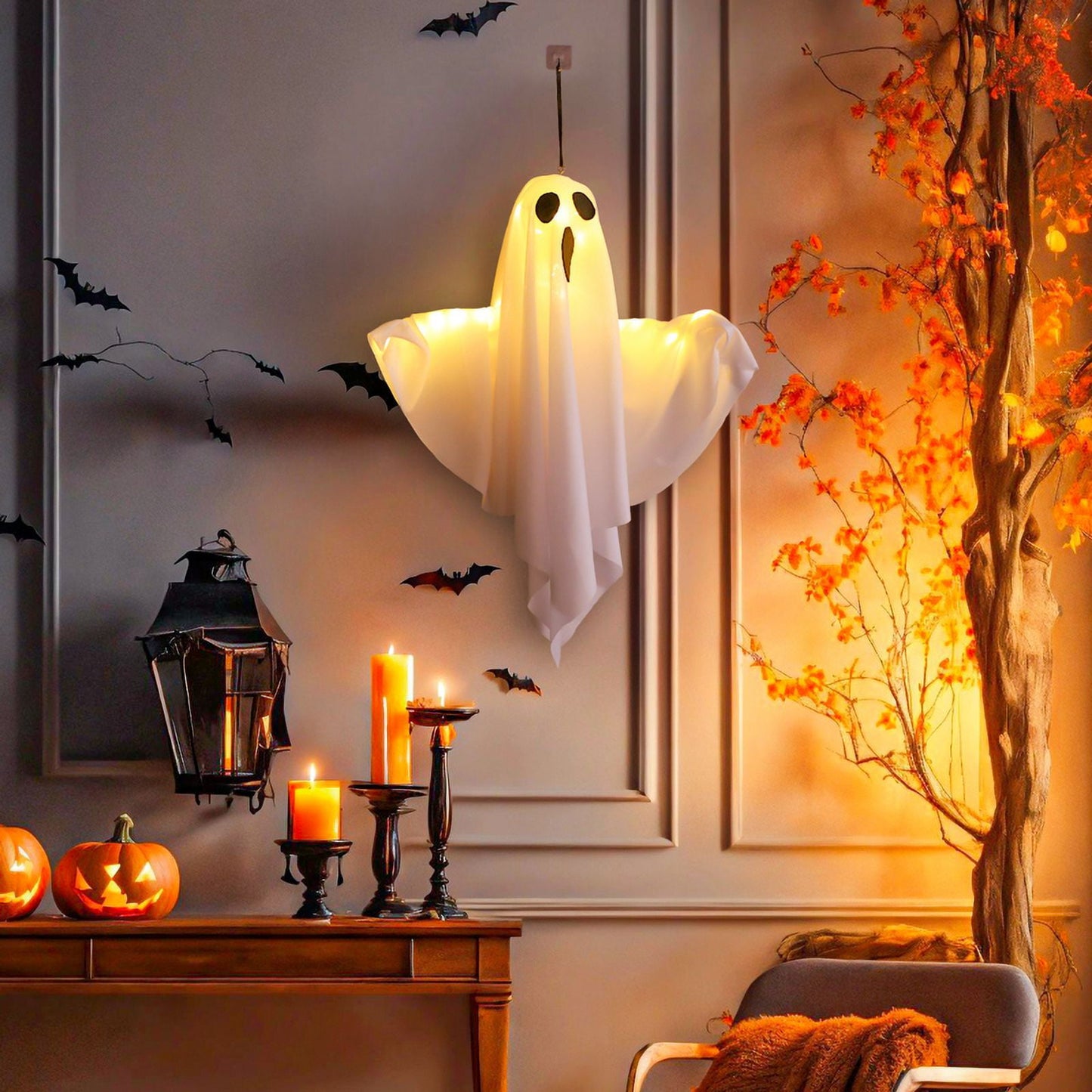 TETOU Halloween LED Hanging Ghosts, 19.68" Cute Glowing Flying Ghost for Halloween Party Front Yard Patio Lawn Garden Holiday Decor - White