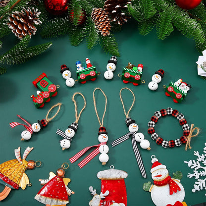 TETOU 150 Pcs DIY Christmas Snowman Wooden Bead Crafts,Red Black Plaid Round Wood Bead with Twine Scarf Xmas DIY Ornaments for Home Christmas Tree Holiday Decor