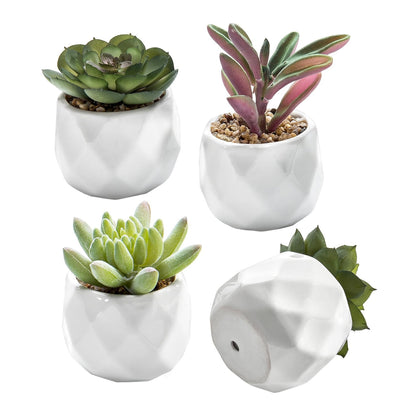 TETOU Miniature Artificial Succulents Indoor Small Fake House Plants in Round White Geometric Ceramic Pots Set of 4