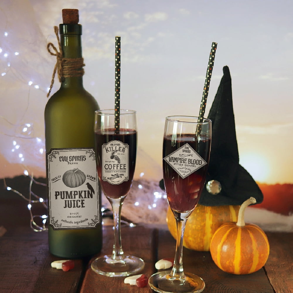TETOU 12Pcs Halloween Wine Bottle Labels Stickers, Vintage Scary Potion Bottles Labels, Classic Creepy Waterproof Wine Labels for Halloween Party Favor