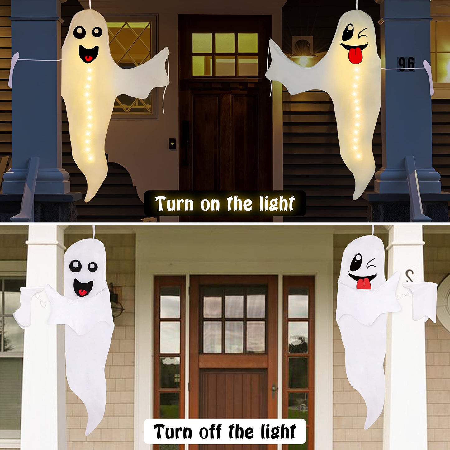 TETOU 2pcs Hanging Ghost Lighted Hallowmas Tree Hugger Friendly Spooky Lighted Ghost for Outdoor Yard Party Halloween Decor
