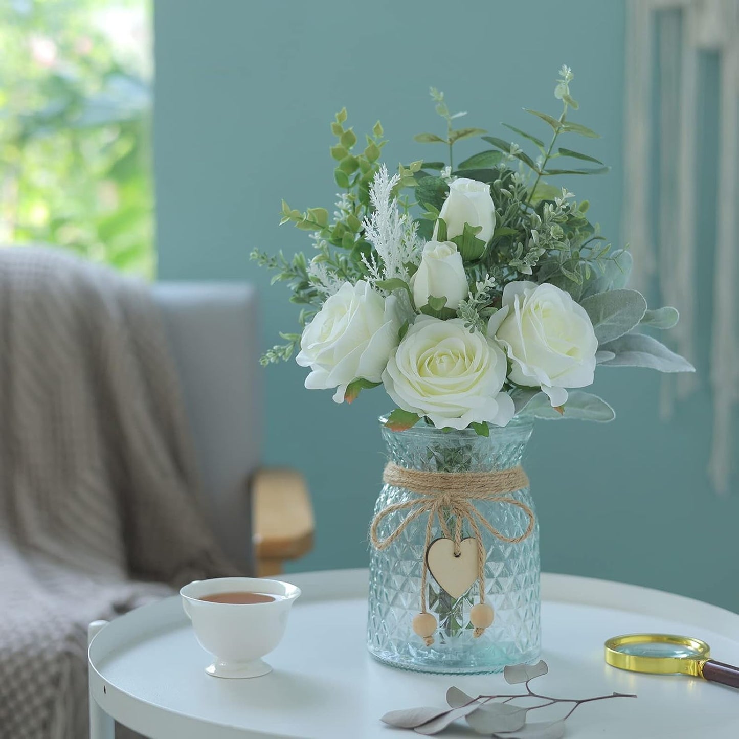 TETOU 14.5*11" Fake Flowers with Vase, Artificial Silk Roses in Vase, Fake Plant Eucalyptus Flower for Home Office Farmhouse Bathroom Dining Table Centerpiece Coffee Table Decor - White