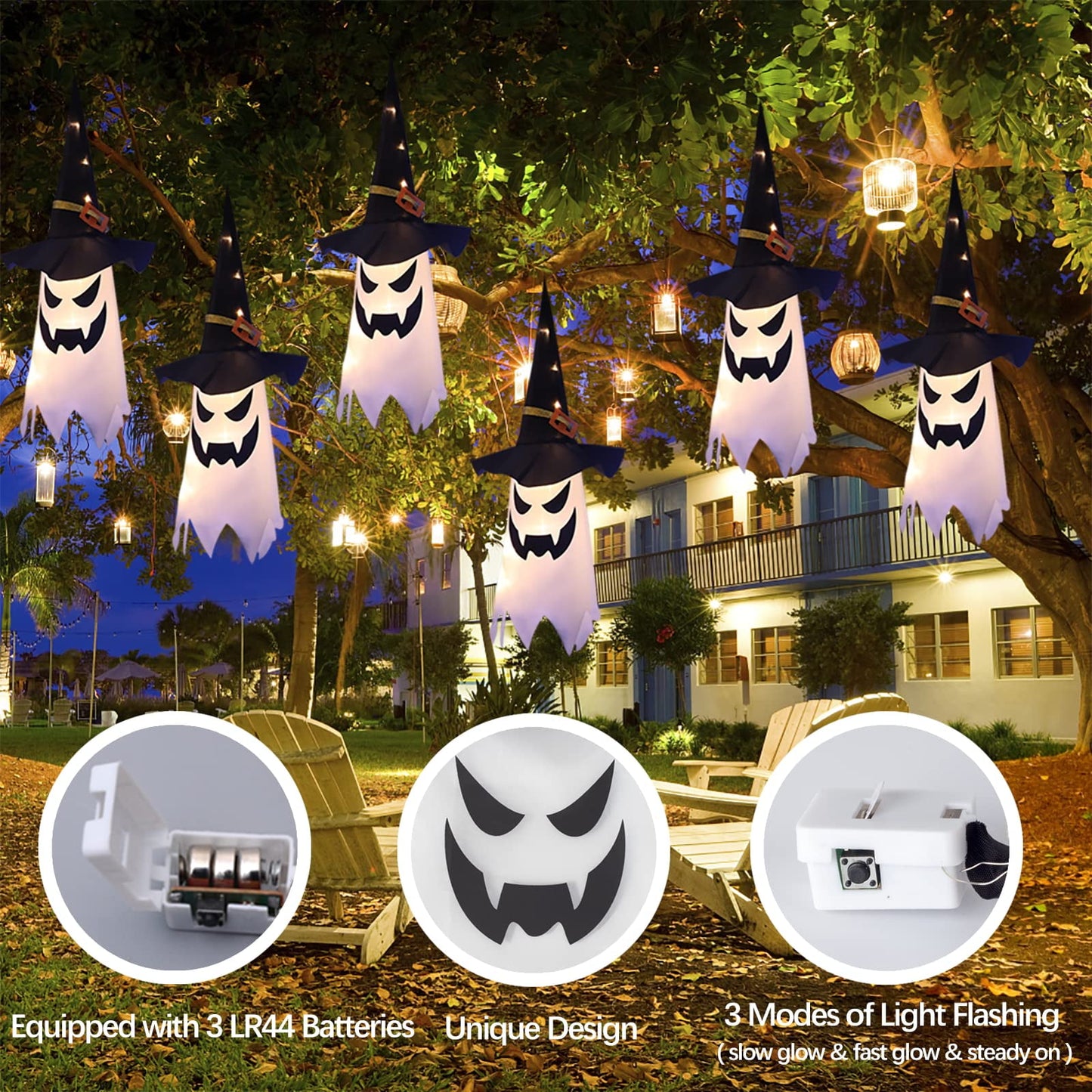 TETOU 3Pcs 31.5" Upgrade Halloween Decoration Hanging Gypsophila Ghost, Light up LED Witch Hat for Outdoor Tree Garden Home Decor - Warm Light