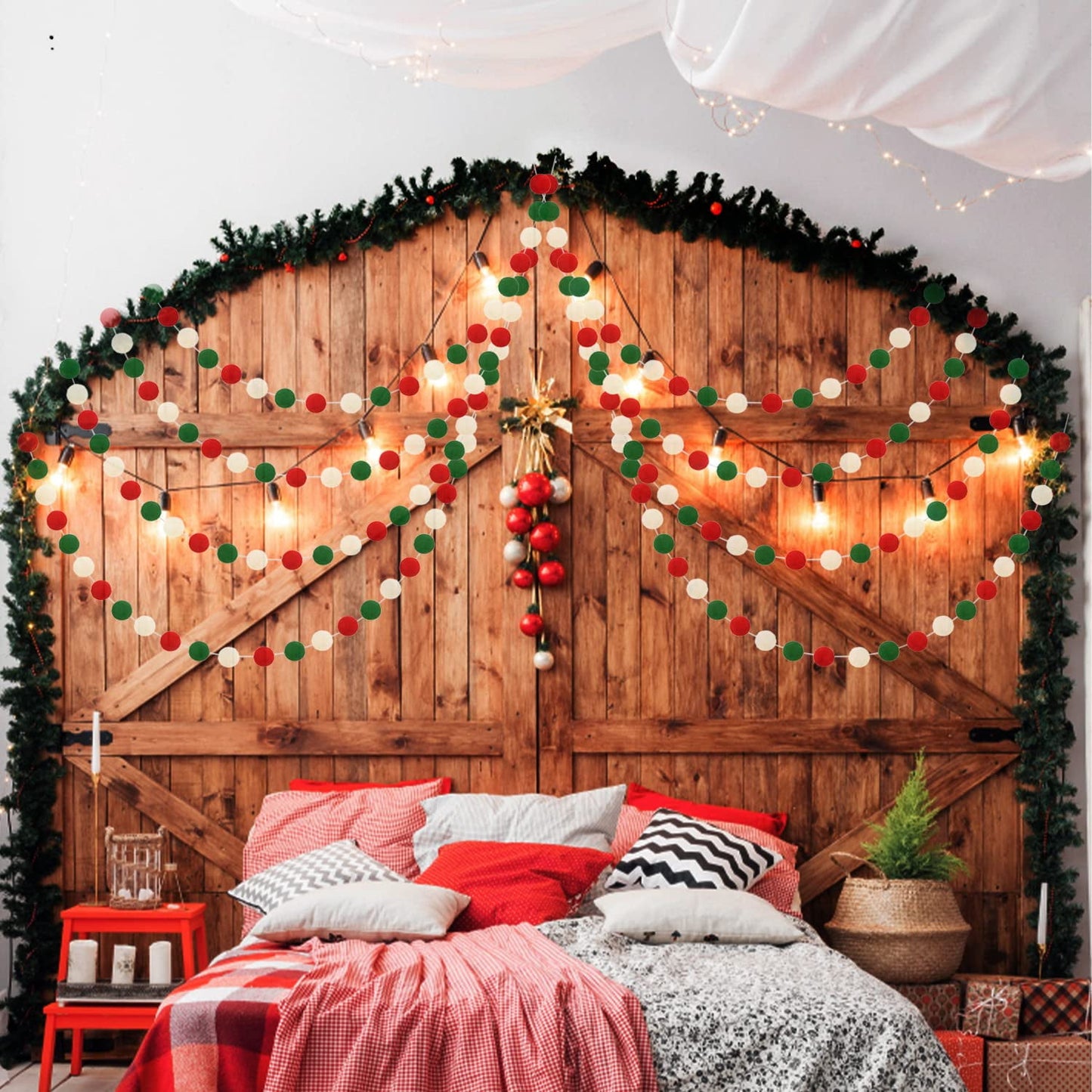 TETOU 3pk Christmas Pom Pom Garland Red Green White  Hanging Felt Ball String Banner Xmas Birthday Party Supplies