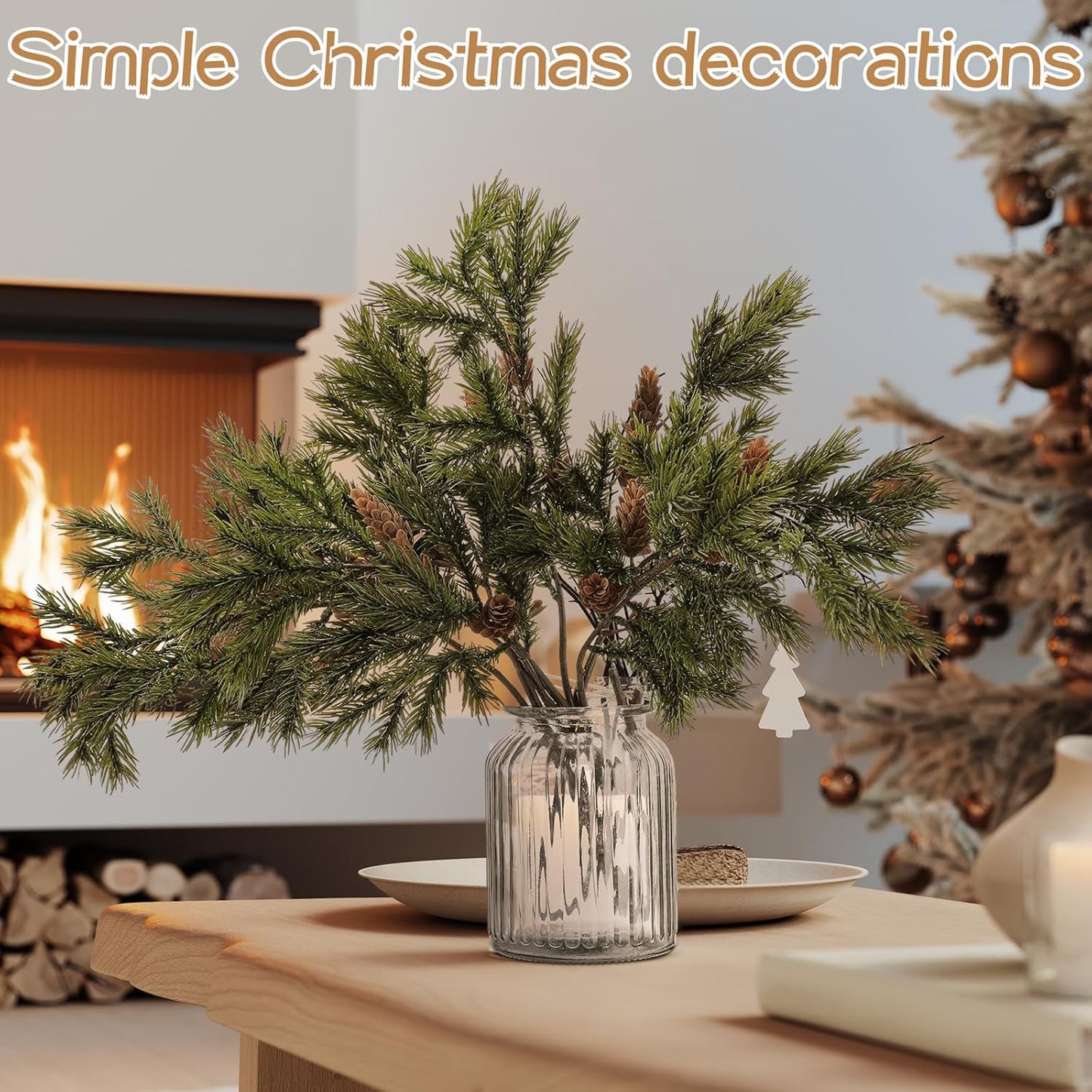 TETOU 6 Pcs Christmas Cedar Pine Branches,25.98 Inch Artificial Cedar Stems with Pine Cones Christmas Greenery Picks for Holiday Xmas Winter Wreath Garland Decor