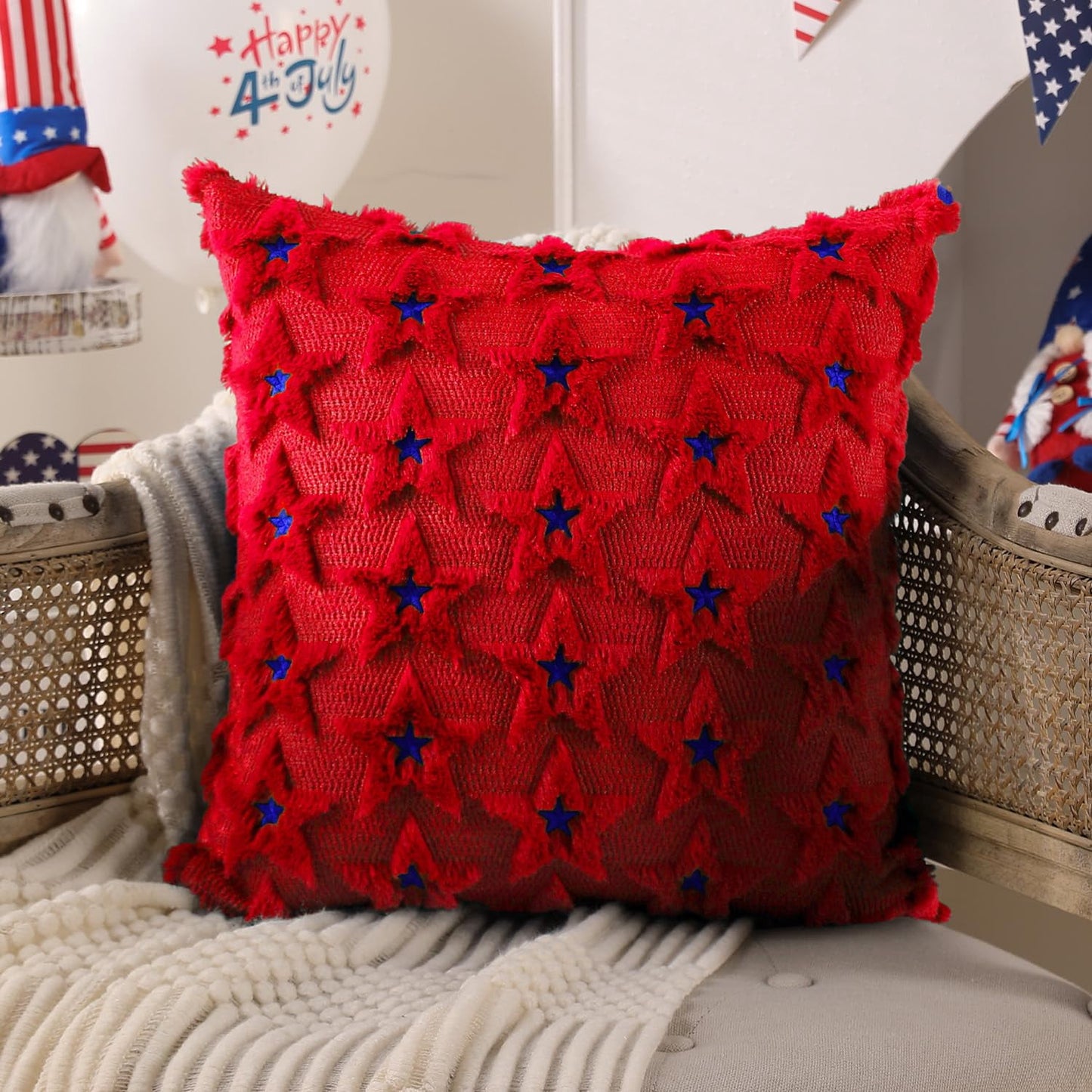 TETOU 4th of July Patriotic Pillow Covers ,18"x18"Set of 2 4th of July Decor Blue Embroidery Star Decor Soft Plush Faux Fur Jacquard Throw Pillows for Independence Day Home Party Sofa Decorations