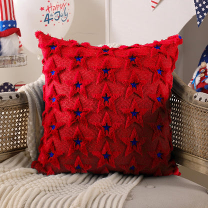 TETOU 4th of July Patriotic Pillow Covers ,18"x18"Set of 2 4th of July Decor Blue Embroidery Star Decor Soft Plush Faux Fur Jacquard Throw Pillows for Independence Day Home Party Sofa Decorations