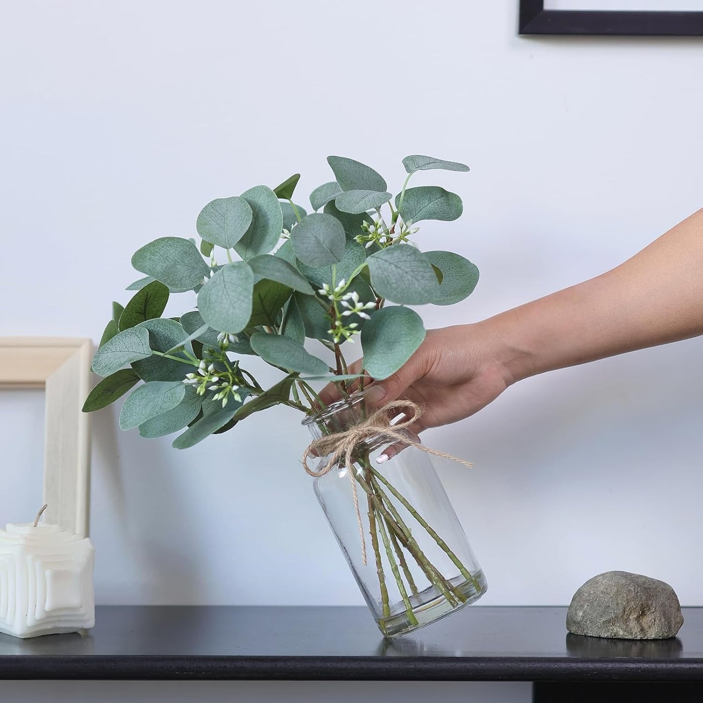 TETOU Artificial Eucalyptus Stems in Glass Vase with Faux Water, 13" Fake Plant Eucalyptus Leaves for Home Office Farmhouse Wedding Centerpiece Decor