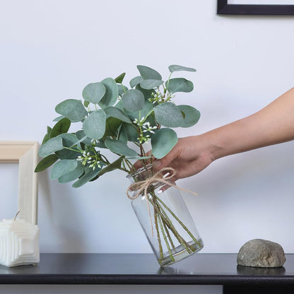 TETOU Artificial Eucalyptus Stems in Glass Vase with Faux Water, 13" Fake Plant Eucalyptus Leaves for Home Office Farmhouse Wedding Centerpiece Decor