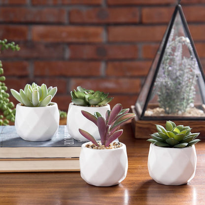 TETOU Miniature Artificial Succulents Indoor Small Fake House Plants in Round White Geometric Ceramic Pots Set of 4