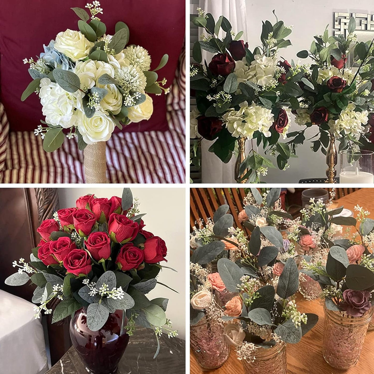 TETOU 24pcs Artificial Eucalyptus Leaves Stems with White Seeds Greenery Plants Flower Arrangement Wedding Home Decor