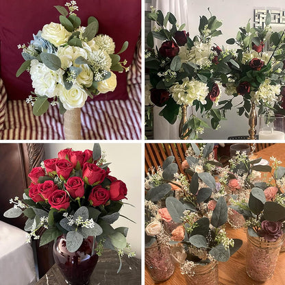 TETOU 24pcs Artificial Eucalyptus Leaves Stems with White Seeds Greenery Plants Flower Arrangement Wedding Home Decor