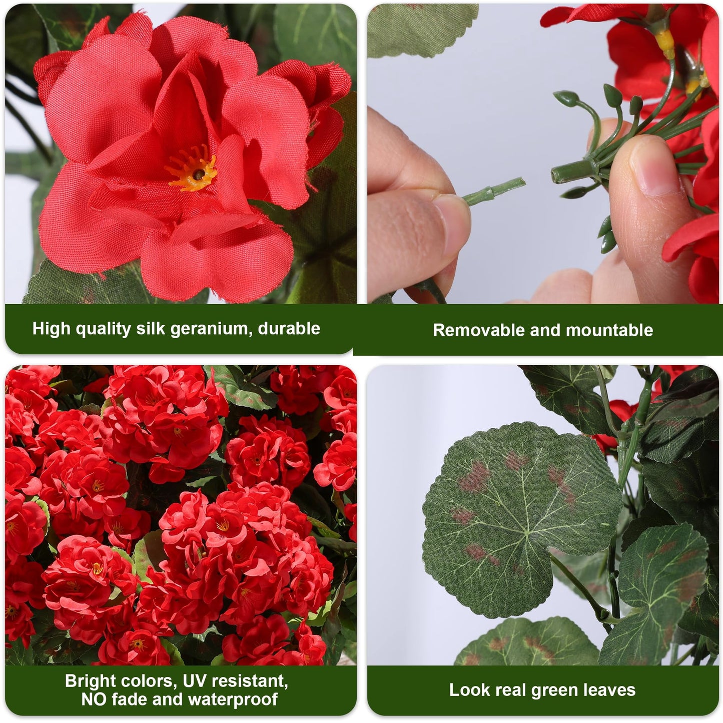 TETOU 6pcs Outdoors Artificial Fake Geranium Flowers, UV Resistant Faux Silk Geranium Flowers for Spring Summer Outside Planter Garden Home Yard Kitchen Table Centerpieces Decoration(Red)