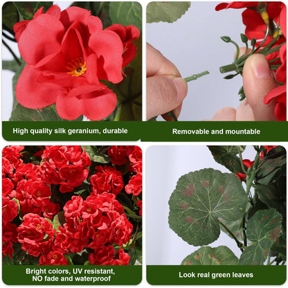 TETOU 6pcs Outdoors Artificial Fake Geranium Flowers, UV Resistant Faux Silk Geranium Flowers for Spring Summer Outside Planter Garden Home Yard Kitchen Table Centerpieces Decoration(Red)
