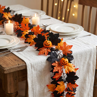 TETOU 2Pcs Fall Halloween Garland, 69" Halloween Pumpkin Maple Leaves Garland for Outdoor Indoor Fall Autumn Halloween Mantle Staircase Porch Party Decoration