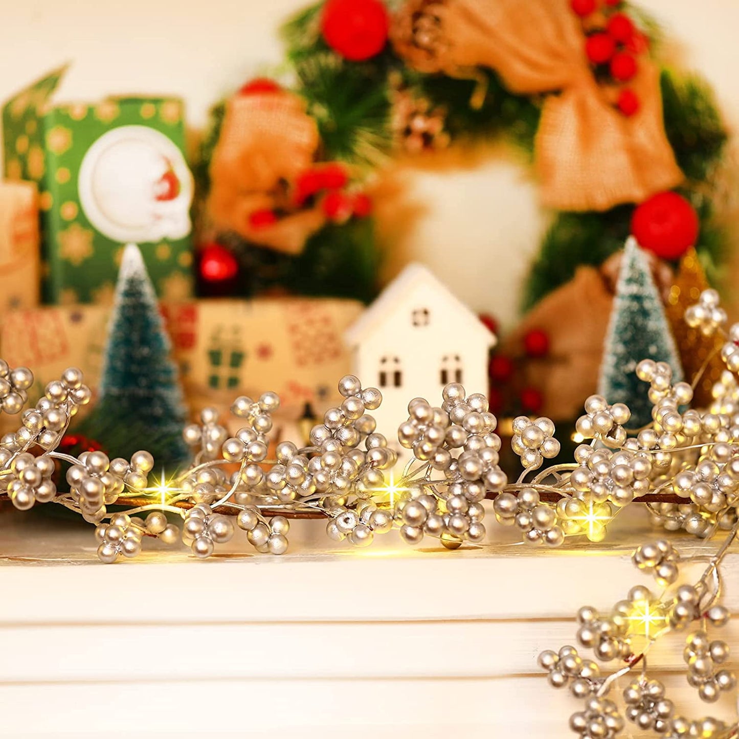 TETOU 5.9ft Silver Berry Christmas Garland with Light Artificial Garland for Indoor Mantle Staircase Home Xmas Decoration
