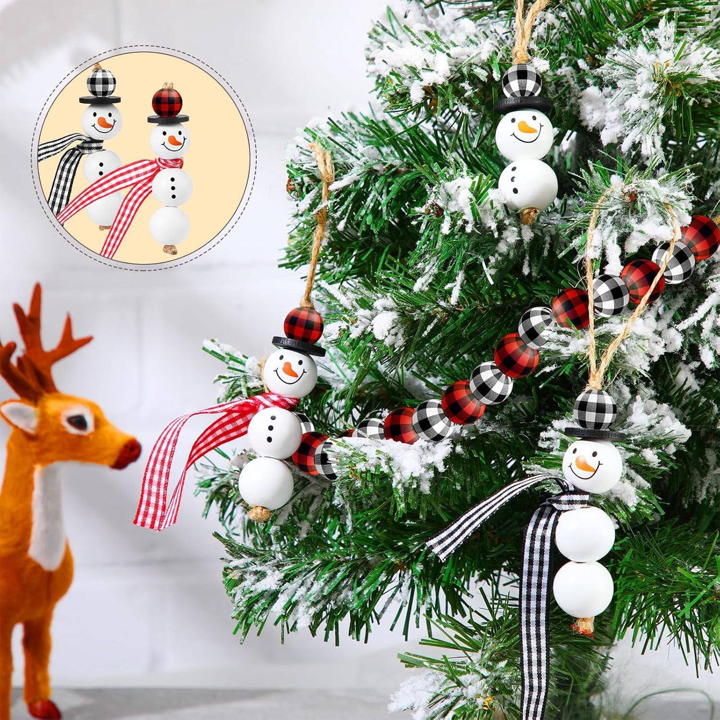 TETOU 150 Pcs DIY Christmas Snowman Wooden Bead Crafts,Red Black Plaid Round Wood Bead with Twine Scarf Xmas DIY Ornaments for Home Christmas Tree Holiday Decor