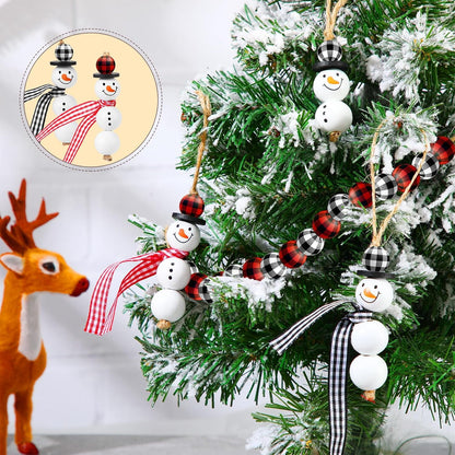 TETOU 150 Pcs DIY Christmas Snowman Wooden Bead Crafts,Red Black Plaid Round Wood Bead with Twine Scarf Xmas DIY Ornaments for Home Christmas Tree Holiday Decor