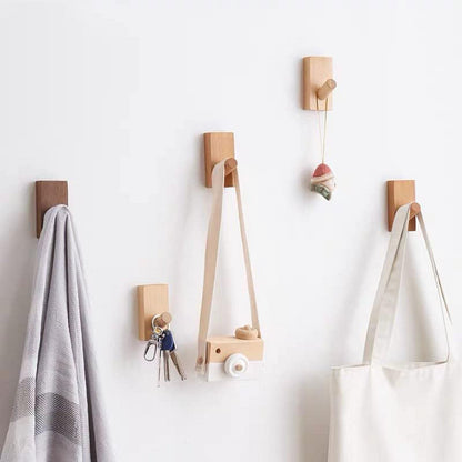 TETOU 4 Pack Adhesive Wall Hooks Hat Rack, Wooden Coat Hooks Wall Mounted, Decorative Hooks Single Organizer Hat Hanger Towel Rack(Rectangle-Beech)