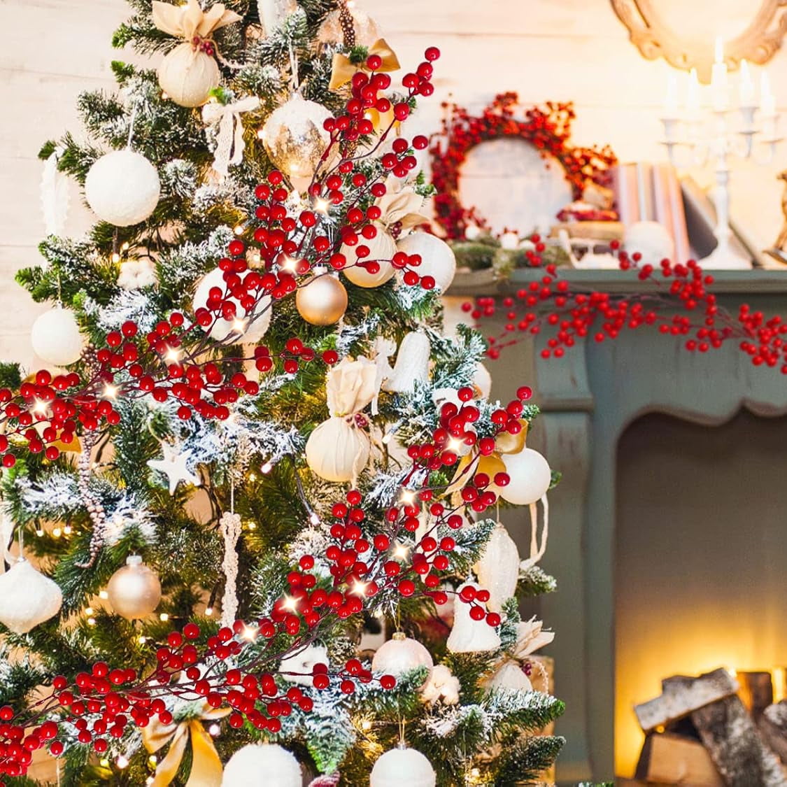 TETOU 5.9ft Christmas Red Berry Garland with Lights DIY Artificial Garland for Indoor Mantle Staircase Home Decoration