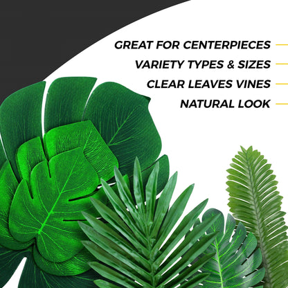 TETOU 36Pcs Palm Leaves Artificial Tropical Monstera, 6 Kinds Large Small Green Fake Palm Leaf with Stems for Home Kitchen Party Flowers Arrangement Wedding Hawaiian Party Table Decoration